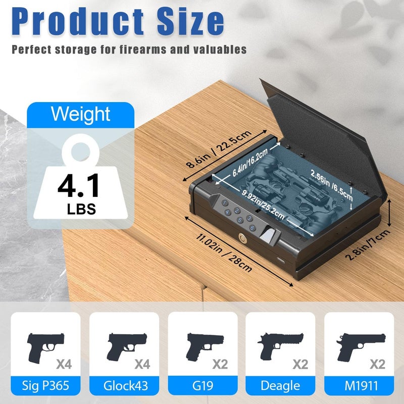 teentan Gun Safe, Biometric Gun Safe for Pistols - Quick-Access Handgun Safe with Fingerprint & Digital Keypad | Fits 2 Pistols | Silent Mode, Heavy-Duty Steel for Home, Nightstand, Car, and Bedside - Image 3